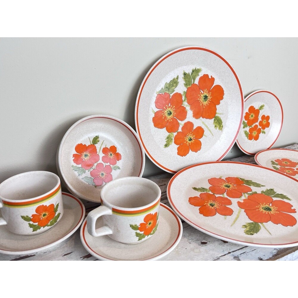Vintage Lenox Dinnerware “Fire Flower” (Set Of 7) Retro Cottage Home 1970’s